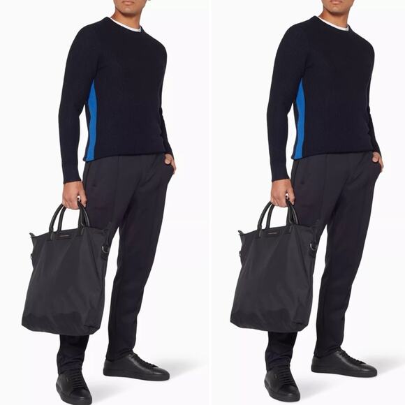 Theory Navy Side Stripe Wool Waffle Knit Sweater